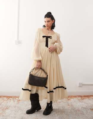 Reclaimed Vintage Long Sleeve Boho Winter Maxi Dress-white
