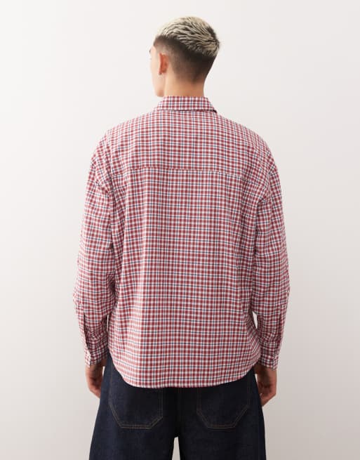 Reclaimed Vintage long sleeve boxy crop shirt in blue and red check, 3 of 5