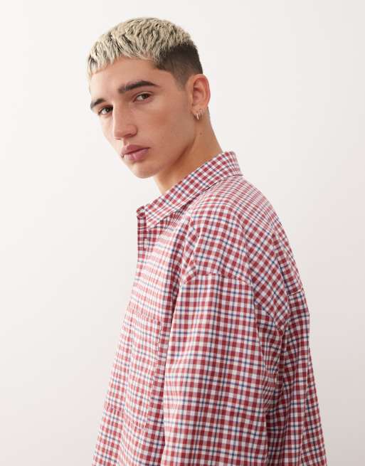 Reclaimed Vintage long sleeve boxy crop shirt in blue and red check, 4 of 5