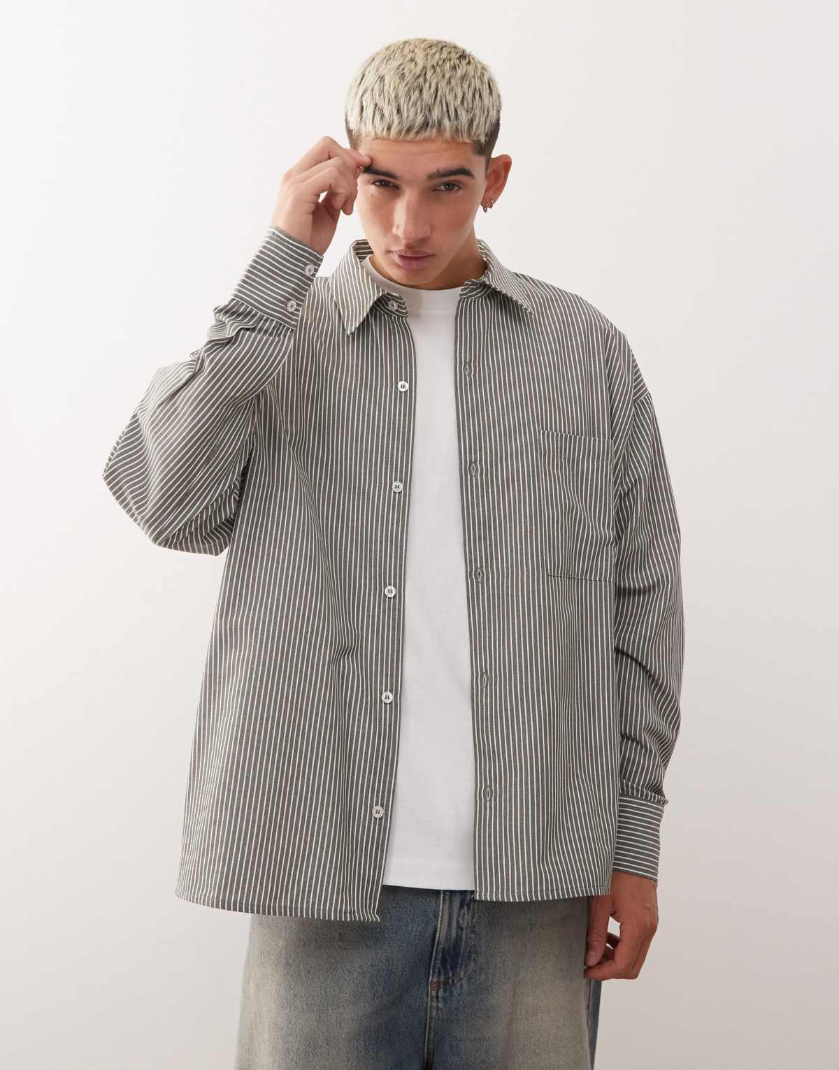 Reclaimed Vintage long sleeve boxy shirt in green pinstripe