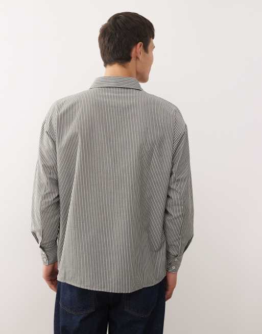 Reclaimed Vintage long sleeve boxy shirt in khaki green pinstripes, 3 of 5