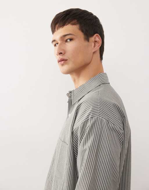 Reclaimed Vintage long sleeve boxy shirt in khaki green pinstripes, 4 of 5