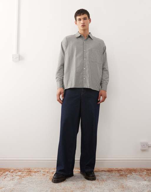 Reclaimed Vintage long sleeve boxy shirt in khaki pinstripe