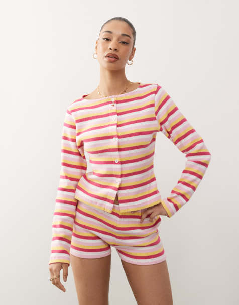 Reclaimed Vintage long sleeve button through top in multi stripe co ord - view 1