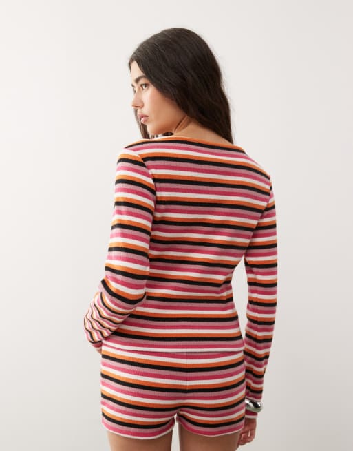 Reclaimed Vintage long sleeve button through top in multi stripe co ord, 3 of 4