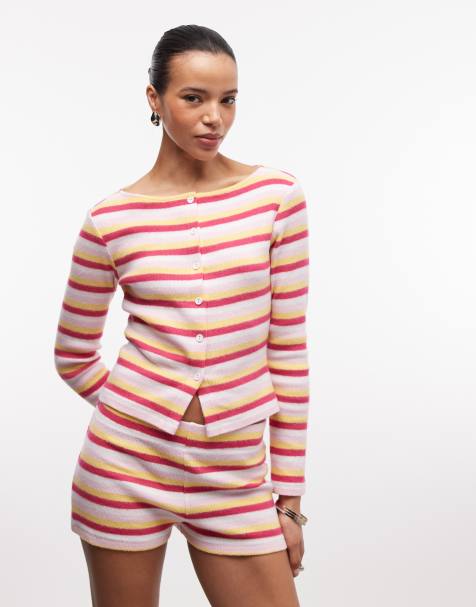 Reclaimed Vintage long sleeve button through top in multi stripe co ord - view 1