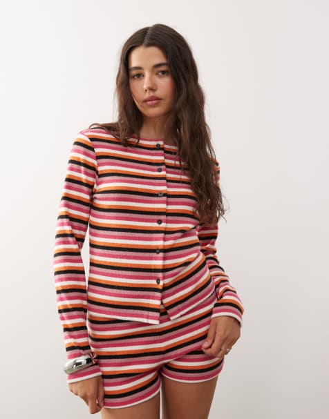 Reclaimed Vintage long sleeve button through top in multi stripe co ord