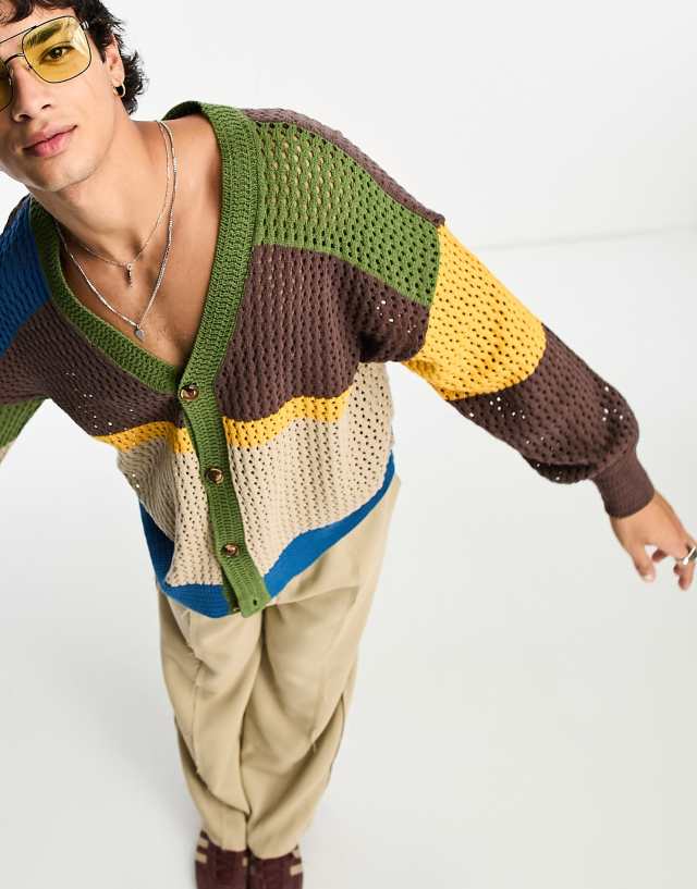 Reclaimed Vintage long sleeve color block cardigan in open yarn