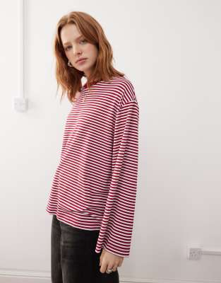 long sleeve contrast neck tee in red stripe-Multi