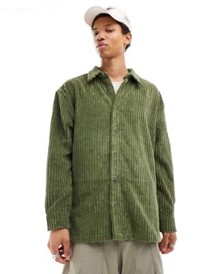 Reclaimed Vintage long sleeve cord shirt in khaki-Green