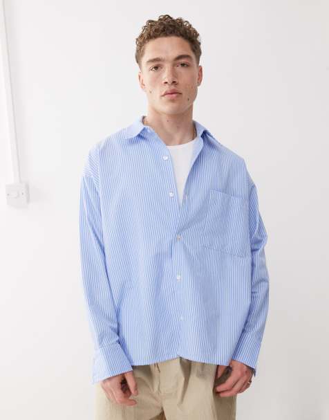 Reclaimed Vintage long sleeve crop boxy shirt in blue and white pinstripe