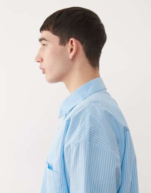 Reclaimed Vintage long sleeve crop boxy shirt in blue and white pinstripe, 4 of 5