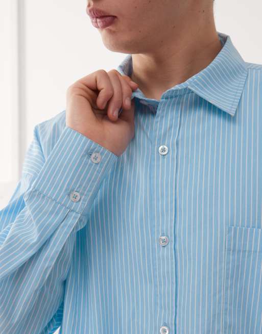 Reclaimed Vintage long sleeve crop boxy shirt in blue and white pinstripe, 5 of 5