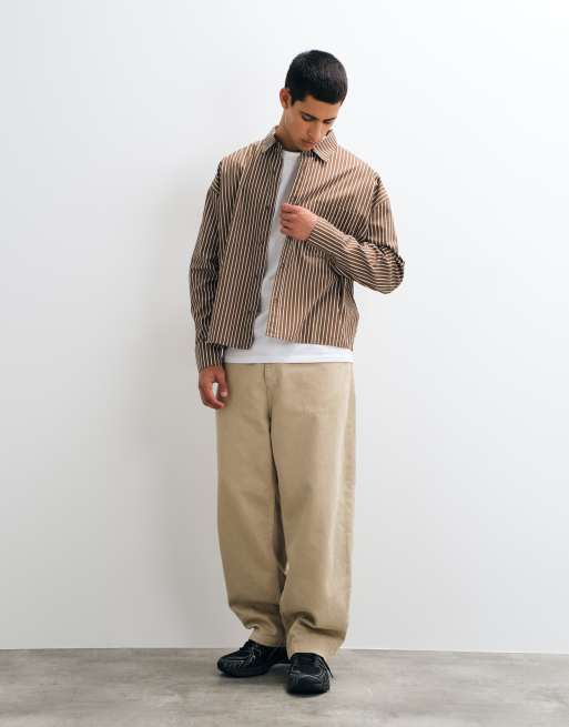 Reclaimed Vintage long sleeve crop boxy shirt in brown pinstripe, 3 of 5