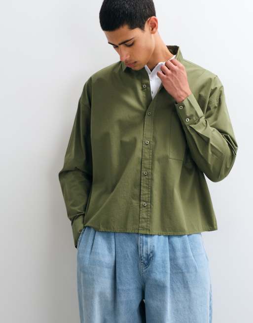 Reclaimed Vintage long sleeve crop boxy shirt in khaki, 1 of 5
