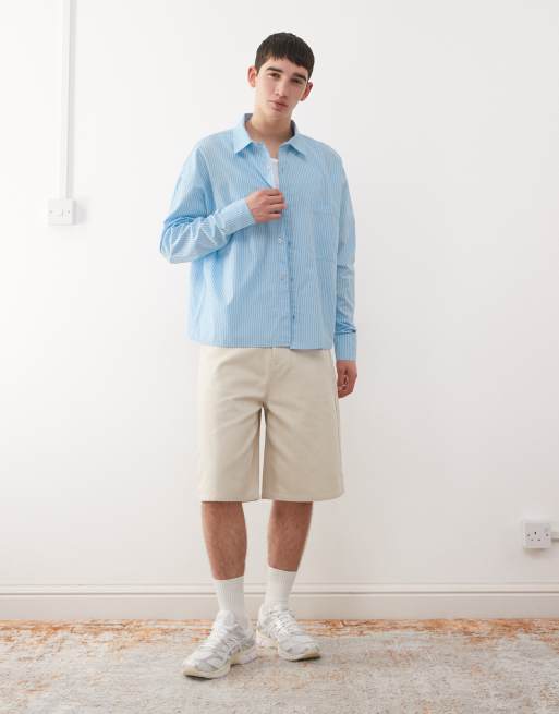 Reclaimed Vintage long sleeve cropped boxy shirt in blue and white pinstripes, 2 of 5