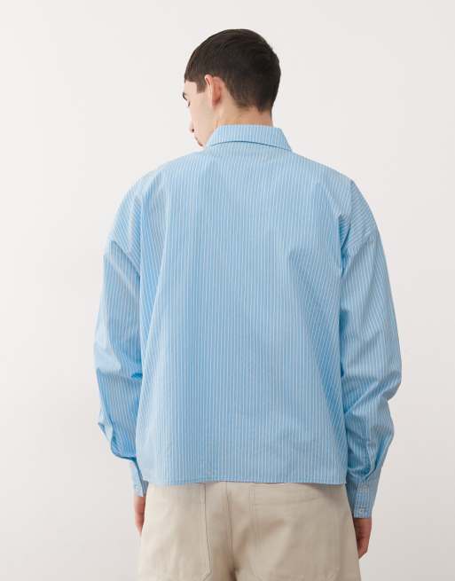 Reclaimed Vintage long sleeve cropped boxy shirt in blue and white pinstripes, 3 of 5