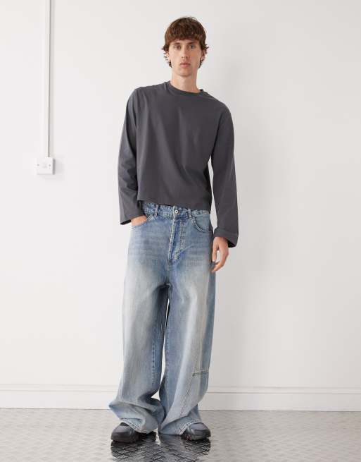 Reclaimed Vintage long sleeve cropped boxy t-shirt in charcoal grey, 2 of 5