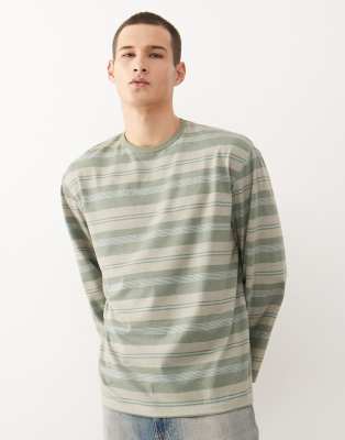 Reclaimed Vintage Reclaimed Vintage long sleeve cropped boxy t-shirt in neutral and khaki stripes-Green