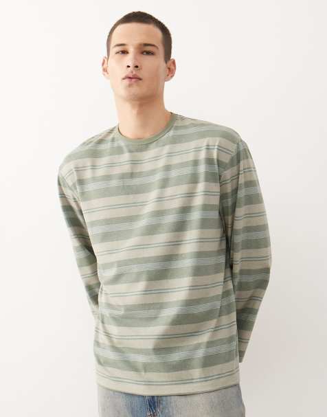 Reclaimed Vintage long sleeve cropped boxy t-shirt in neutral and khaki stripes - view 1