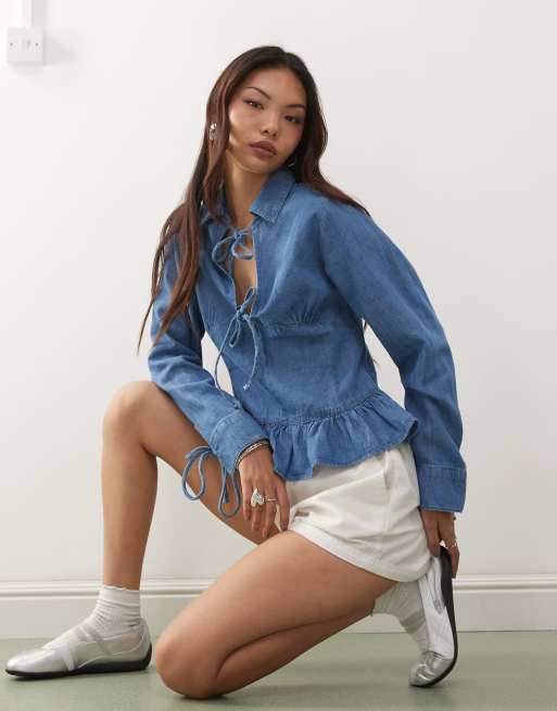 Reclaimed Vintage long sleeve denim tie front top with peplum hem in mid blue , 2 of 4