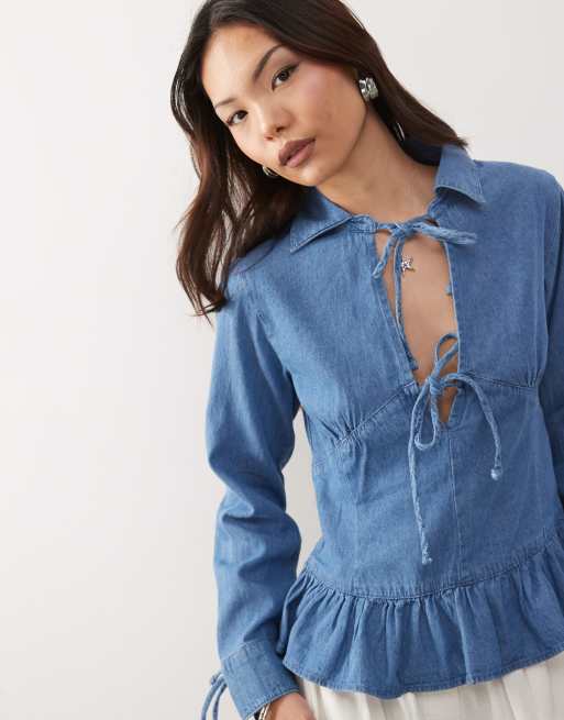 Reclaimed Vintage long sleeve denim tie front top with peplum hem in mid blue , 3 of 4