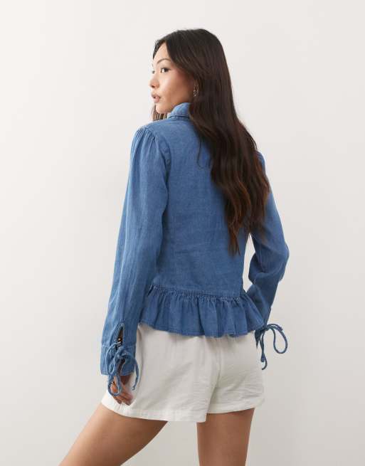 Reclaimed Vintage long sleeve denim tie front top with peplum hem in mid blue , 4 of 4