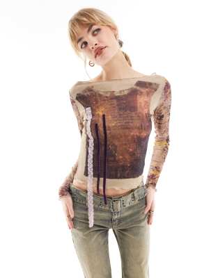 Reclaimed Vintage Long Sleeve Double Layer Abstract Top-multi