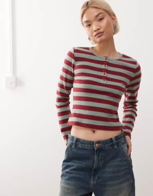 Reclaimed Vintage long sleeve henley top in burgundy and gray stripes-Multi