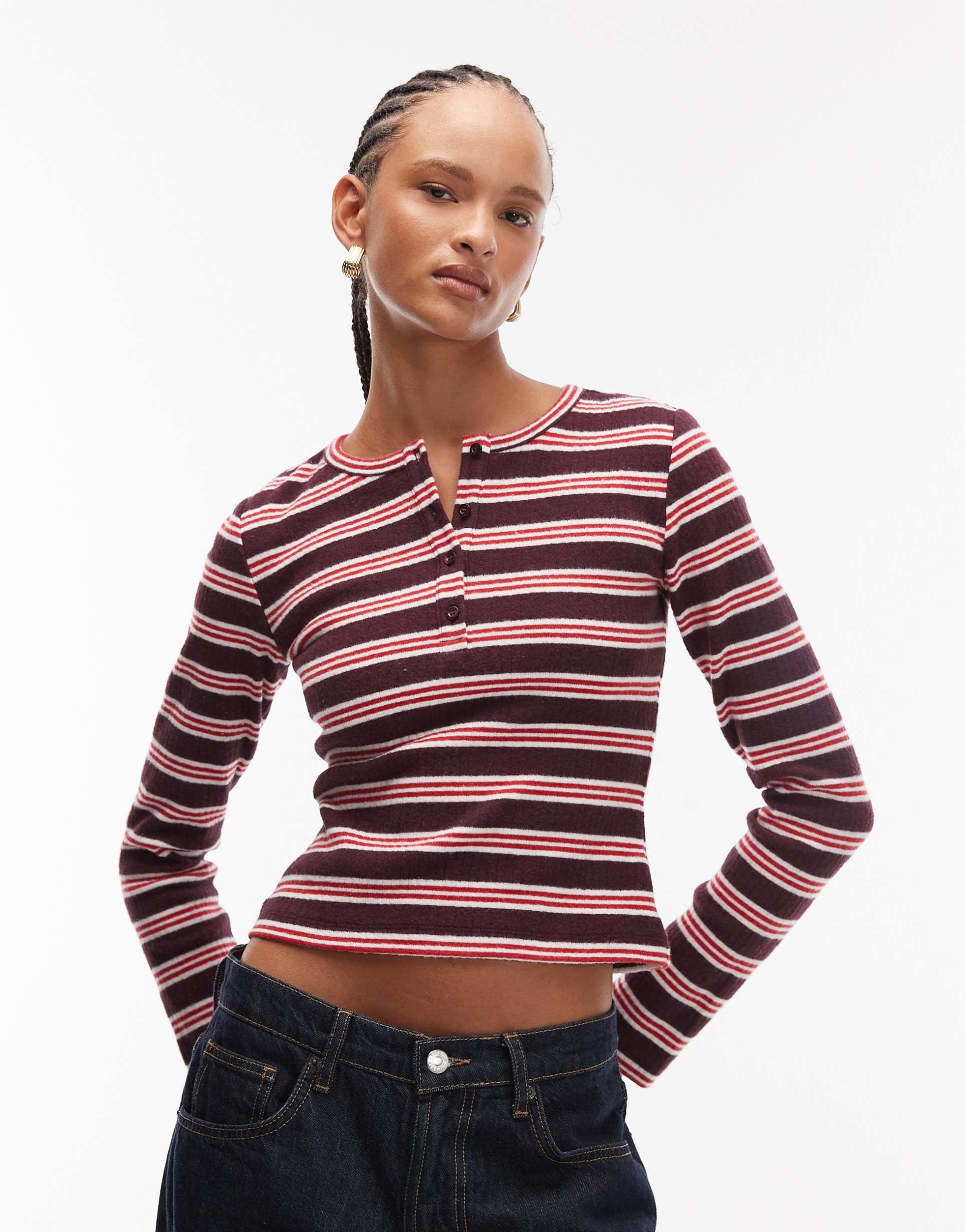reclaimed vintage long sleeve henley top in burgundy and red stripes