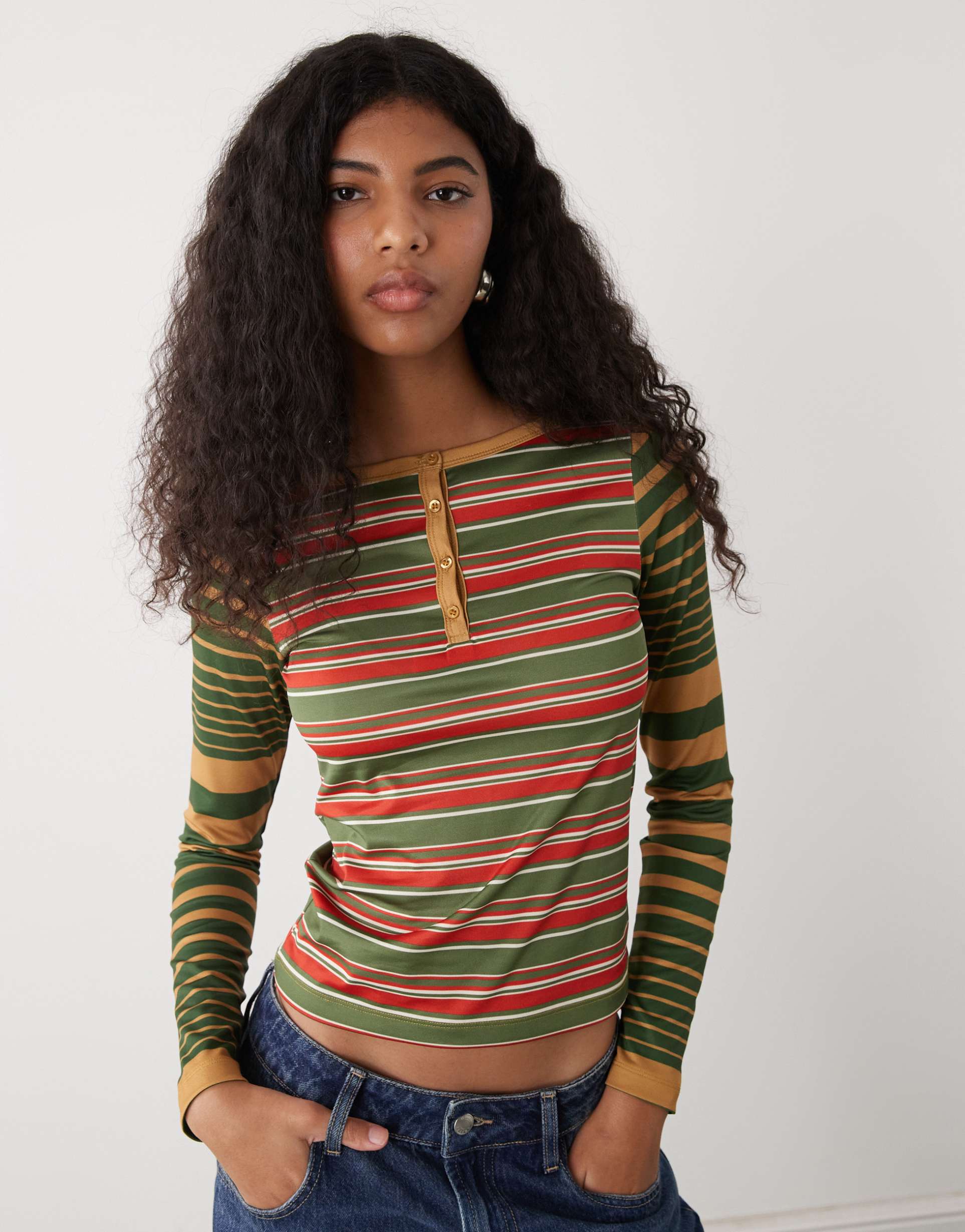reclaimed vintage long sleeve henley top in green stripes