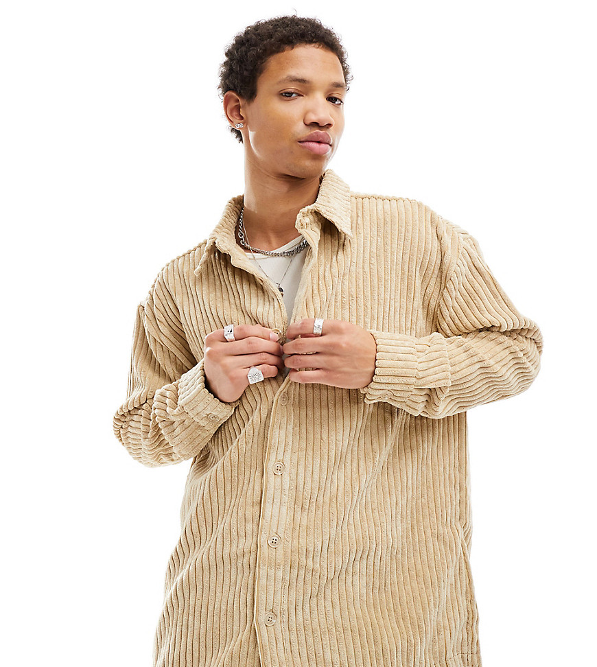 Reclaimed Vintage Long Sleeve Jumbo Cord Shirt In Stone-neutral