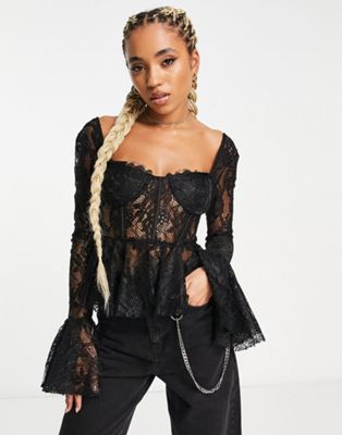 Reclaimed Vintage Long Sleeve Lace Corset Top In Black