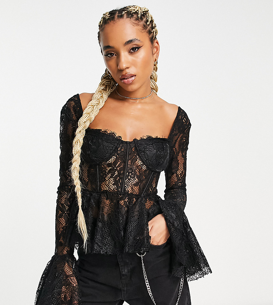 Reclaimed Vintage long sleeve lace corset top in black