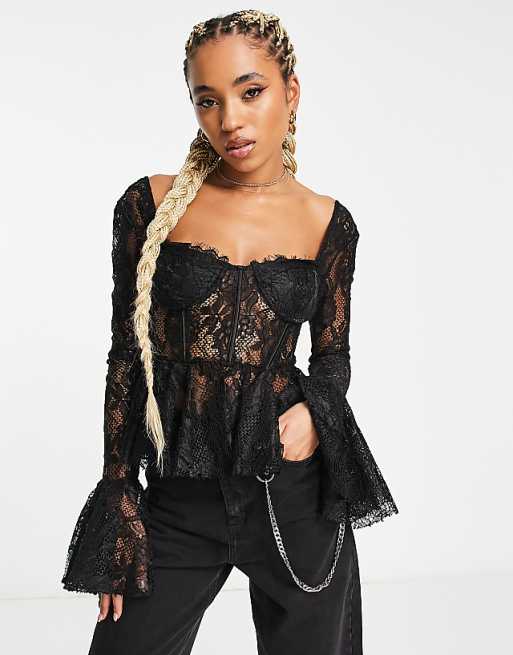 Reclaimed Vintage long sleeve lace corset top in black