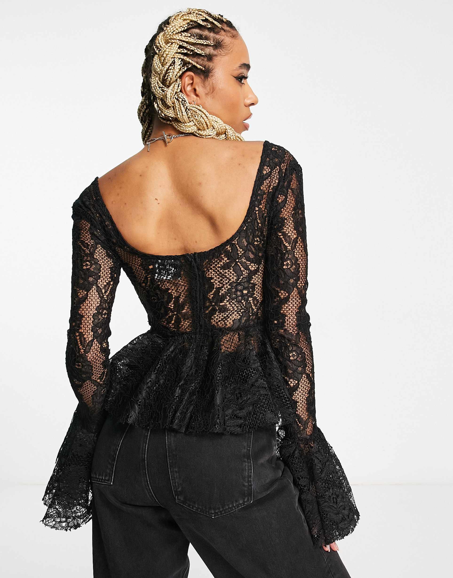 Reclaimed Vintage long sleeve lace corset top in black view 4