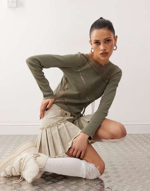 Reclaimed Vintage long sleeve lace patchwork top in olive green