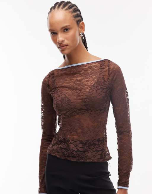 Reclaimed Vintage long sleeve lace top in chocolate brown with contrast binding 