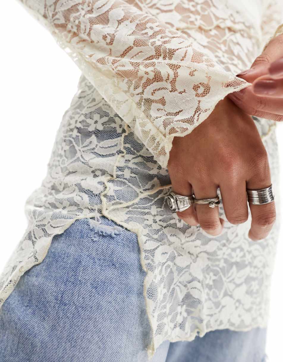 Reclaimed Vintage long sleeve lace tunic in white 0