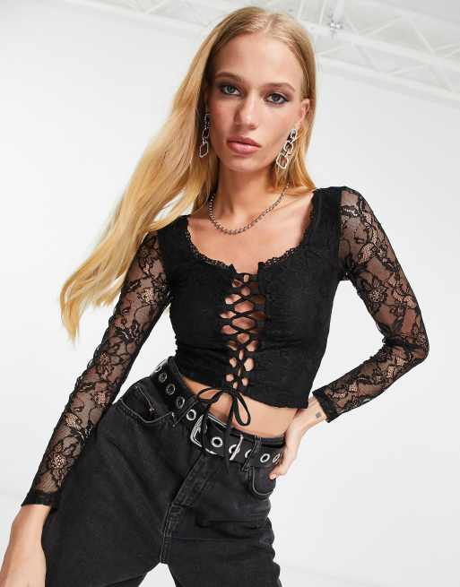 Black long sleeve lace up top online