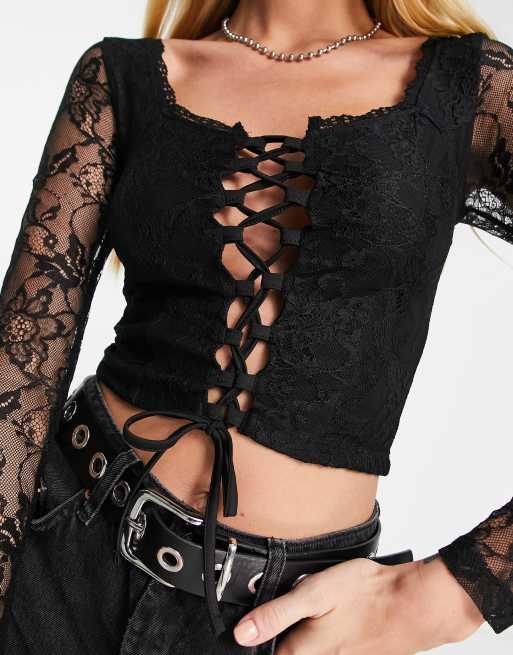 Black long sleeve lace up top cheap