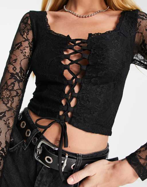 Reclaimed Vintage long sleeve lace corset top in black