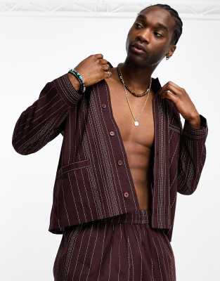 Reclaimed Vintage Reclaimed Vintage long sleeve lightweight shirt co-ord with stripe embroidery in burgundy-Red