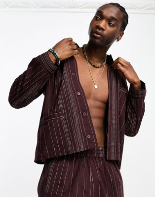 Reclaimed Vintage long sleeve lightweight shirt co-ord with stripe embroidery in burgundy
