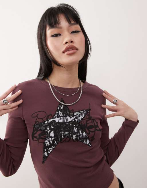 Reclaimed Vintage long sleeve logo tee in burgundy