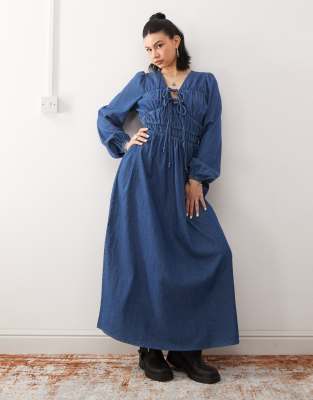 long sleeve maxi dress in denim-Blue