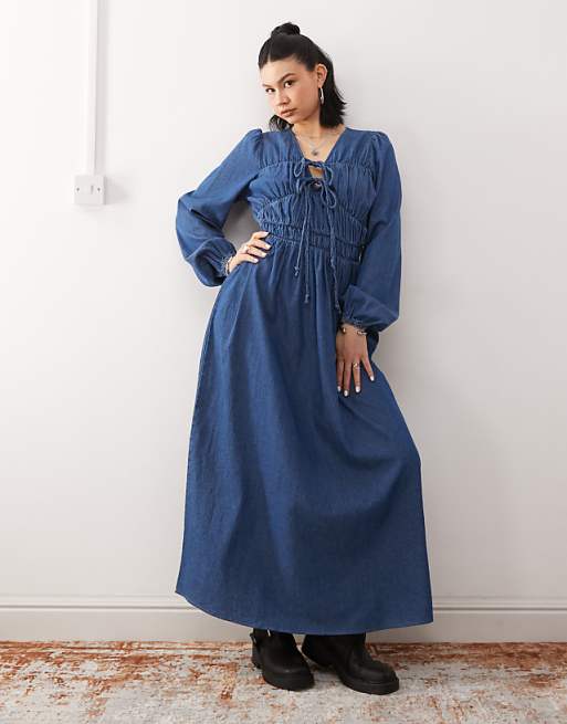 denim maxi dress with sleeves Slit Split Hem Collar, Deandra Stretch in Dark Denim, Size S, and functional side pockets for everyday convenience Women's Petite Indigo Denim Long