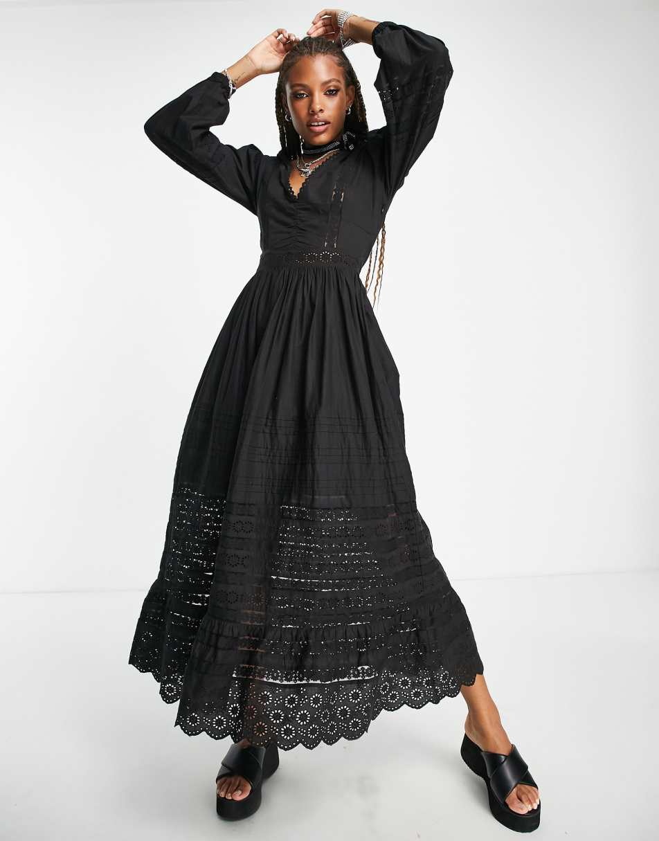 Reclaimed Vintage long sleeve maxi dress with lace trim