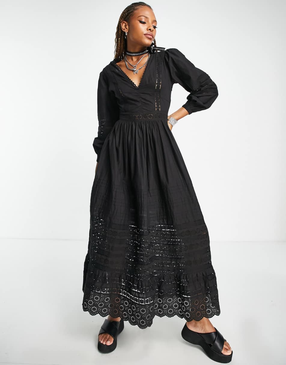 Reclaimed Vintage long sleeve maxi dress with lace trim 1