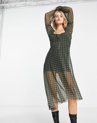 Reclaimed Vintage long sleeve mesh midi dress in khaki gingham print